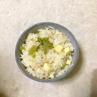 フキも一緒にタケノコごはん。